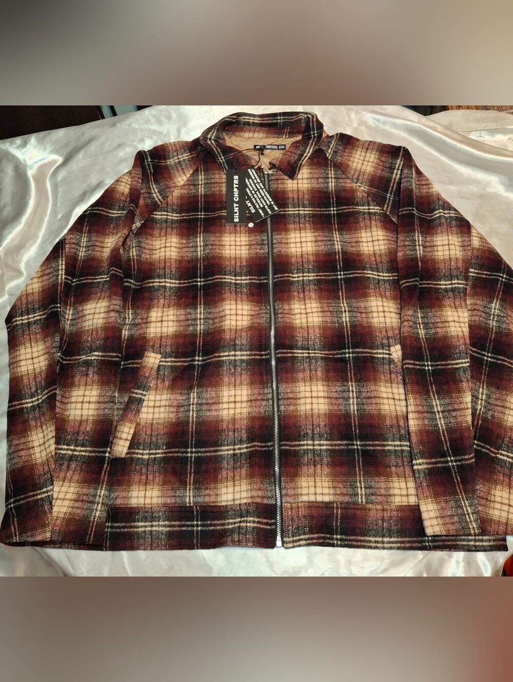 NWT SILNT CHPTRS Warlock Plaid Jacket Men’s XXL Red Cream Streetwear Full Zip